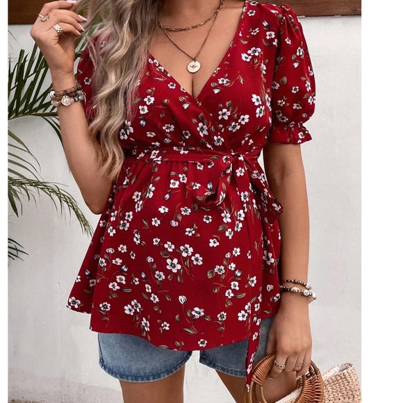 Maternity Floral Print Puff Sleeve Belted Blouse - Picture 2 of 8